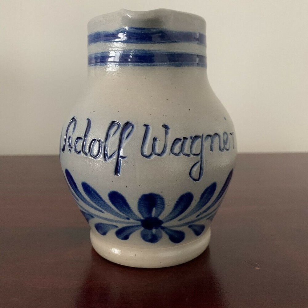 VTG 5” German HANDARBEIT Salt Glazed Cobalt Light Blue Pottery Pitcher A. Wagner - Picture 3 of 11